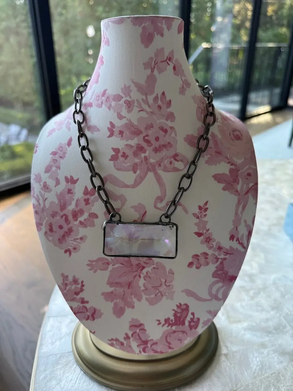 Crystal Rectangle Necklace Silver Tone